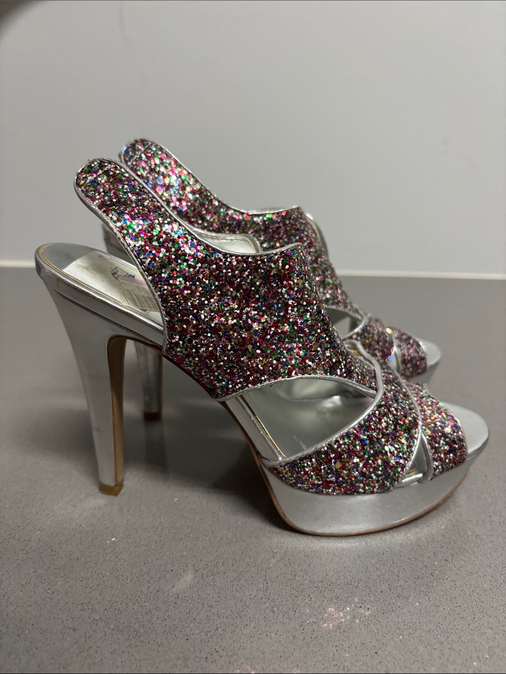 Nine West Silver Platform Slingback Heels with Multicolor Glitter